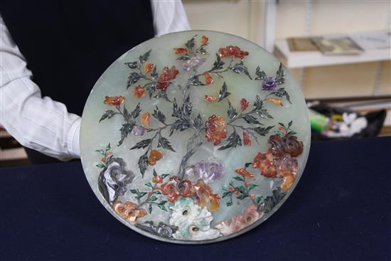 A Chinese hardstone circular plaque and hongmu stand, early 20th century, total height 62.5cm